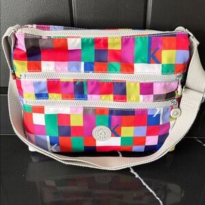 Kipling Multicolor Nylon Shoulder Bag – Vibrant Grid Print, Excellent Condition
